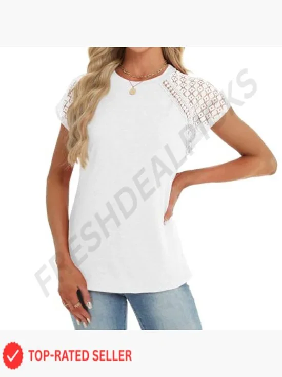 Lace Short Sleeve Tee Elegant Casual Chic Summer Blouse Trendy Basic Top - Picture 2 of 5